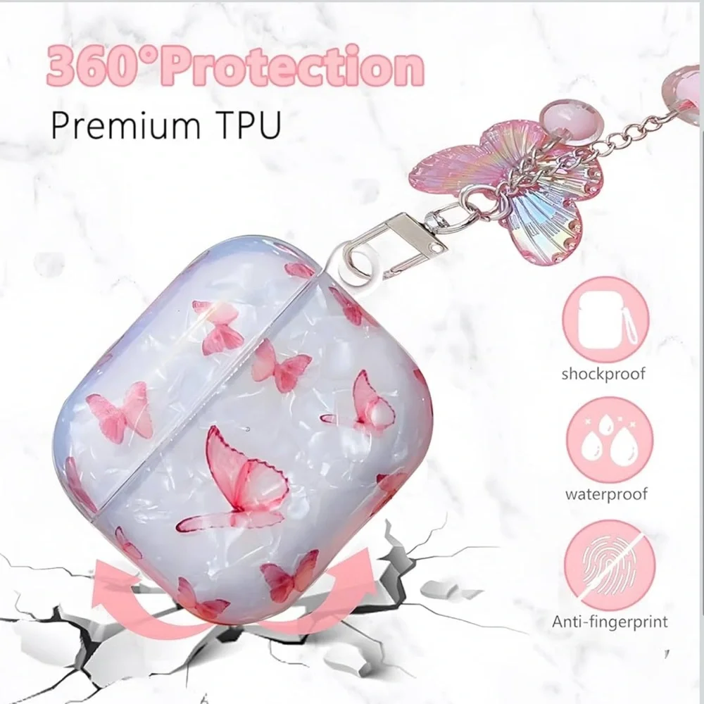 Gen 3 AirPods Case Cover with Pink Butterfly designs and Detachable Charm! New!